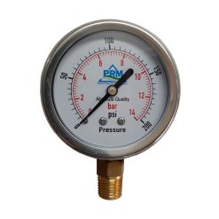 H20954PE | 4" FACE 1/2" BOTTOM CONNECTION SS LIQUID FILLED 0-200 PSI GAUGE