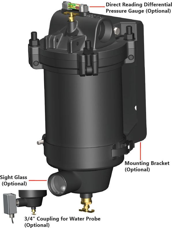 VF-22SB-PGWP | FACET VF-22SB SERIES HOUSING WITH DIRECT READING DIFFERENTIAL PRESSURE INDICATOR & 3/4" COUPLING FOR WATER PROBE / *** additional Electrical Bonding Kit PN 644964 is recommended for VF-21/VF-22 Housings ***